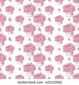 Wedding patches illustration, seamless pattern with rose boutonniere and bouquet of roses. Vector fashion backdrop in watercolor style, isolated elements on white background.