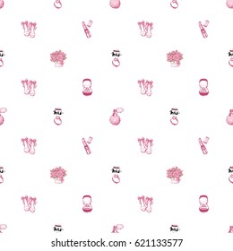 Wedding patches illustration, seamless pattern with pink lipstick, French perfume, engagement ring compositions, bride shoes, bouquet of roses. Vector fashion backdrop in watercolor style.