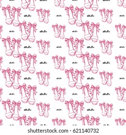 Wedding patches illustration, seamless pattern with princess hashtag and bride shoes. Vector fashion backdrop in watercolor style, isolated elements on white background.