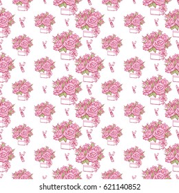 Wedding patches illustration, seamless pattern with pink lipstick and bouquet of roses. Vector fashion backdrop in watercolor style, isolated elements on white background.