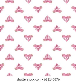 Wedding patches illustration, seamless pattern with luxury queen crown. Vector fashion backdrop in watercolor style, isolated elements on white background.