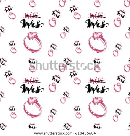 Wedding patches illustration, seamless pattern with engagement ring composition. Vector fashion backdrop in watercolor style, isolated elements on white background.