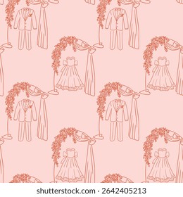 Wedding pattern with floral arches, bridal gowns and groom suits on soft pink background. Concept conveys romance, marriage celebration and elegant ceremony style