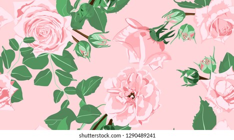 Wedding Pattern, Roses, Floral Background. Vintage Watercolor Flowers for Rustic Wedding Decoration. Seamless Elegant Retro Pattern with Green Leaves for Fashion Textile, Wedding Fabric, Art Print.