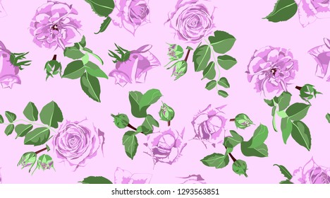 Wedding Pattern, Roses, Floral Background. Vintage Watercolor Flowers for Rustic Wedding Decoration. Seamless Elegant Retro Pattern with Green Leaves for Fashion Textile, Wedding Fabric, Art Print.