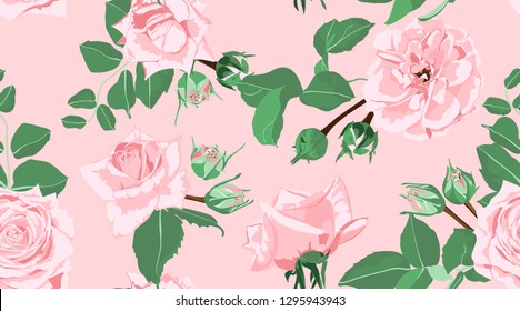 Wedding Pattern, Roses, Floral Background. Vintage Watercolor Flowers for Rustic Wedding Decoration. Seamless Elegant Retro Pattern with Green Leaves for Fashion Textile, Wedding Fabric, Art Print.