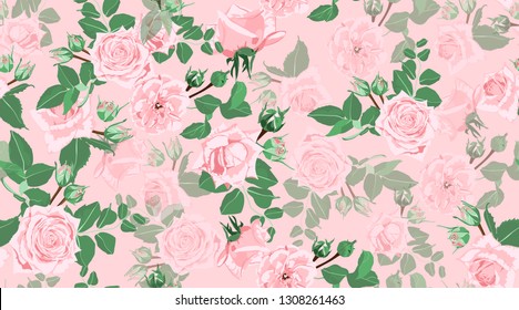 Wedding Pattern, Roses, Floral Background. Vintage Watercolor Flowers for Rustic Wedding Decoration. Seamless Elegant Retro Pattern with Green Leaves for Fashion Textile, Wedding Fabric, Art Print.
