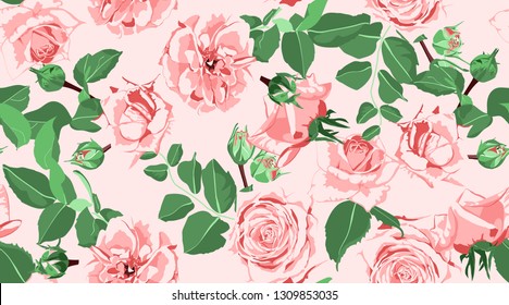 Wedding Pattern, Roses, Floral Background. Vintage Watercolor Flowers for Rustic Wedding Decoration. Seamless Elegant Retro Pattern with Green Leaves for Fashion Textile, Wedding Fabric, Art Print.
