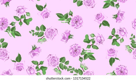 Wedding Pattern, Roses, Floral Background. Vintage Watercolor Flowers for Rustic Wedding Decoration. Seamless Elegant Retro Pattern with Green Leaves for Fashion Textile, Wedding Fabric, Art Print.