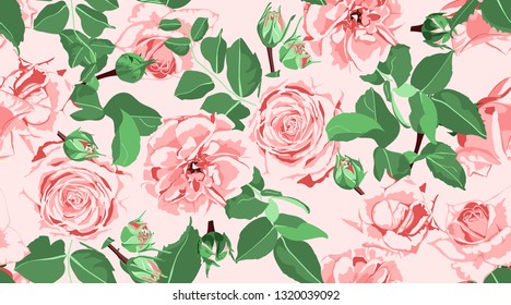 Wedding Pattern, Roses, Floral Background. Vintage Watercolor Flowers for Rustic Wedding Decoration. Seamless Elegant Retro Pattern with Green Leaves for Fashion Textile, Wedding Fabric, Art Print.