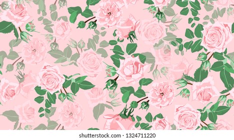 Wedding Pattern, Roses, Floral Background. Vintage Watercolor Flowers for Rustic Wedding Decoration. Seamless Elegant Retro Pattern with Green Leaves for Fashion Textile, Wedding Fabric, Art Print.
