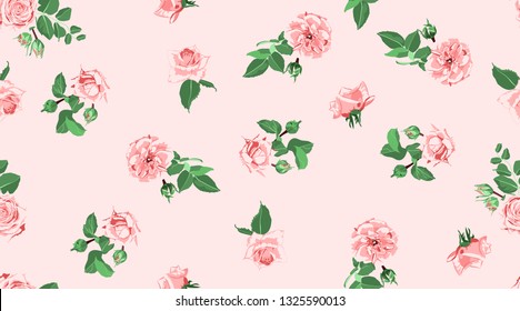 Wedding Pattern, Roses, Floral Background. Vintage Watercolor Flowers for Rustic Wedding Decoration. Seamless Elegant Retro Pattern with Green Leaves for Fashion Textile, Wedding Fabric, Art Print.