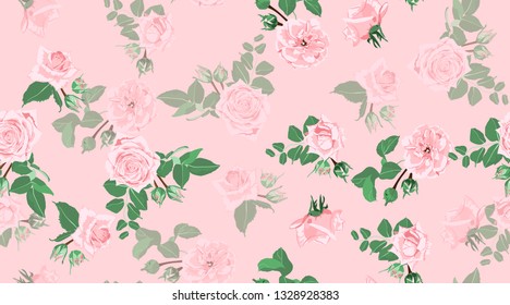 Wedding Pattern, Roses, Floral Background. Vintage Watercolor Flowers for Rustic Wedding Decoration. Seamless Elegant Retro Pattern with Green Leaves for Fashion Textile, Wedding Fabric, Art Print.