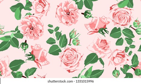 Wedding Pattern, Roses, Floral Background. Vintage Watercolor Flowers for Rustic Wedding Decoration. Seamless Elegant Retro Pattern with Green Leaves for Fashion Textile, Wedding Fabric, Art Print.
