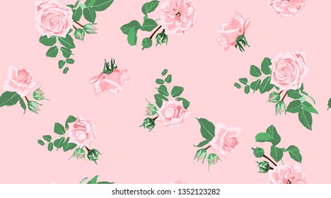 Wedding Pattern, Roses, Floral Background. Vintage Watercolor Flowers for Rustic Wedding Decoration. Seamless Elegant Retro Pattern with Green Leaves for Fashion Textile, Wedding Fabric, Art Print.