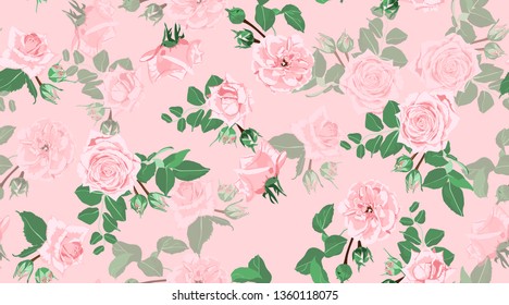 Wedding Pattern, Roses, Floral Background. Vintage Watercolor Flowers for Rustic Wedding Decoration. Seamless Elegant Retro Pattern with Green Leaves for Fashion Textile, Wedding Fabric, Art Print.