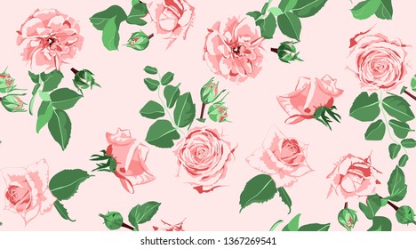 Wedding Pattern, Roses, Floral Background. Vintage Watercolor Flowers for Rustic Wedding Decoration. Seamless Elegant Retro Pattern with Green Leaves for Fashion Textile, Wedding Fabric, Art Print.