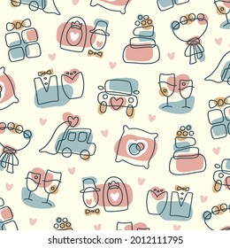 Wedding pattern. Set of cute vector icons with wedding celebration symbols. Vector stylized illustration.