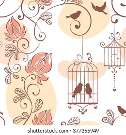 Wedding pattern, vector illustration with flowers and birds