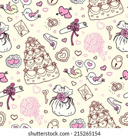 Wedding patterns of cute hand drawn illustration. Seamless vector background.