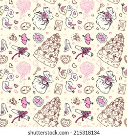 Wedding patterns of cute hand drawn illustration. Seamless vector background.