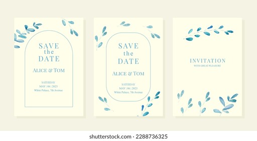 Wedding pemplates with blue watercolor leaves. Vector EPS10