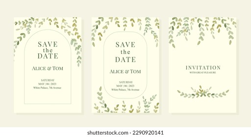 Wedding pemplates with green watercolor leaves and branches. Vector EPS10