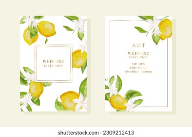 Wedding pemplates with watercolor lemon and leaves. Gold frames. Vector EPS10