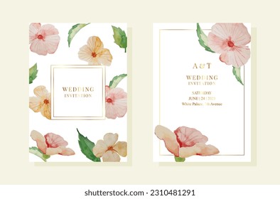 Wedding pemplates with watercolor violets and leaves. Gold frames. Vector EPS10