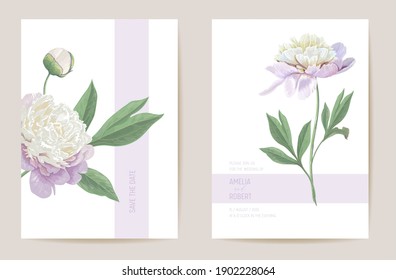 Wedding peony floral Save the Date set. Vector spring flowers, leaves boho invitation card. Watercolor template pastel frame, valentine cover, modern background design, summer wallpaper