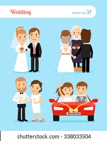 Wedding people. Bride and groom, priest, newlyweds car  vector