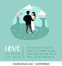 Wedding People Cartoons Bride and Groom Characters Poster Card. Romantic Ceremony Elements with Happy Couple. Vector illustration