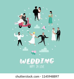 Wedding People Cartoons Bride and Groom Characters. Romantic Ceremony Elements with Happy Couple. Vector illustration
