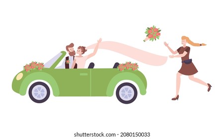 Komposition von Hochzeitsleuten mit Figuren von neuestem Ehepaar im Cabrio-Auto mit Blumen und laufender Girl-Vektorgrafik