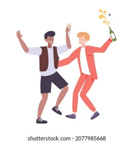 Wedding people composition with isolated characters of two dancing guys with firecrackers champagne bottles vector illustration