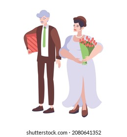 Wedding people composition with isolated characters of aged couple with gift box and flowers vector illustration