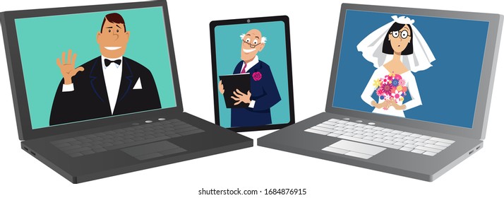 Wedding performed online with bride, groom and officiant communicating via different devices, EPS 8 vector illustration