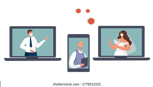 Wedding Performed Online with Bride and Groom During Quarantine.Bride Wearing Wedding Dress in Mask on Wedding in Laptop.Social Distance.Corona Pandemic.Flat Vector Illustration