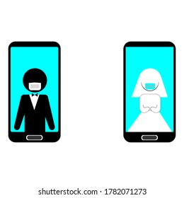 Wedding performed online with bride, groom and officiant communicating via different devices.