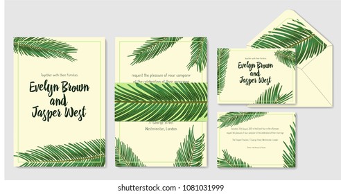 Wedding personal menu, invitation, envelope, label save the date greeting card set. Vector green leaves of a sago palm watercolor decorative frame design