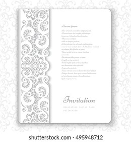 Wedding photo book cover with lace border decoration on ornamental white background, eps10 vector illustration