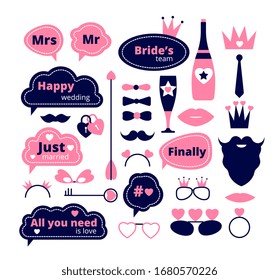 Wedding photo booth. Love party props. Fashion selfie decoration, happy marriage. Groom bride speech bubble stickers, mustache vector set