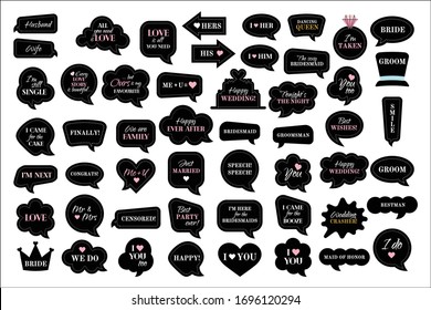 Wedding photo booth props. Bride and groom party . Black and pink speech bubble with quotes for marriage. Happy ever after, mr, mrs, happy wedding, love you. Vector photobooth set - ring, cake, heart.