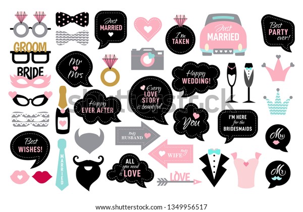 Wedding photo booth props. Bride and groom party . \
Vector photobooth set - lips, glasses, bow, arrow, ring, cake,\
heart. Speech bubble with quotes for marriage. Happy ever after,\
mr, mrs, love you.