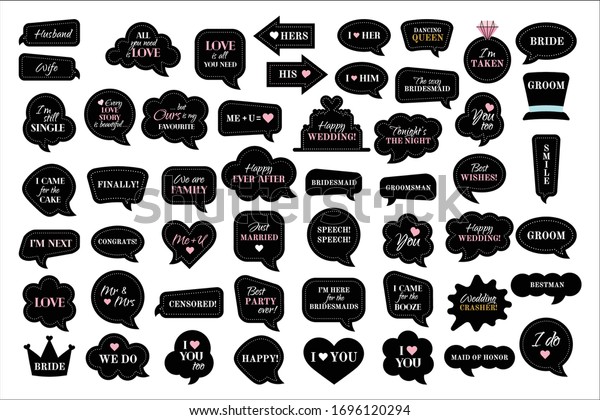 Wedding photo booth props. Bride and groom party .\
Black and pink speech bubble with quotes for marriage. Happy ever\
after, mr, mrs, happy wedding, love you. Vector photobooth set -\
ring, cake, heart.