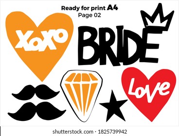 Wedding Photo Booth Props Isolated Vector Illustration On White Background. Bride Team Party Photo Set T-shirt Print. Bachelorette Party Logo. Speach Bridal Props Collection. Ready For Print A4 Page
