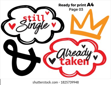 Wedding Photo Booth Props Isolated Vector Illustration On White Background. Bride Team Party Photo Set T-shirt Print. Bachelorette Party Logo. Speach Bridal Props Collection. Ready For Print A4 Page
