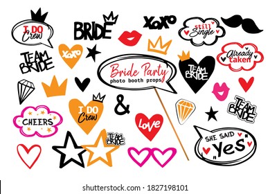 Wedding Photo Booth Props Isolated Vector Illustration On White Background. Bride Team Party Photo Set For T-shirt Print. Bachelorette Party Logo. Speach Bridal Props Collection.