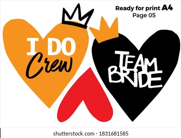 Wedding Photo Booth Props, Isolated Vector Illustrations On White Background. Bride Team Party Photo Set For T-shirt Print. Bachelorette Party Logo. Bridal Props Collection. Ready For Print A4 Page
