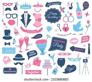 Wedding photo booth props, party accessories for weddings. Just married speech bubble, groom and bride decorations for parties vector set. Glasses with champagne, diamond rings and glasses